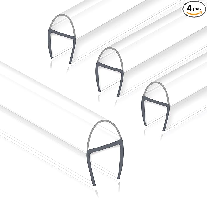 Frameless Shower Door Seal Strip 4 Pack x 39 Inch U for 3/8" Thick Glass Shower Door Side Seal Strip Bottom Seal Door Sweep, Ultra Clear Polycarbonate, Stop Shower Leaks Create A Water Barrier
