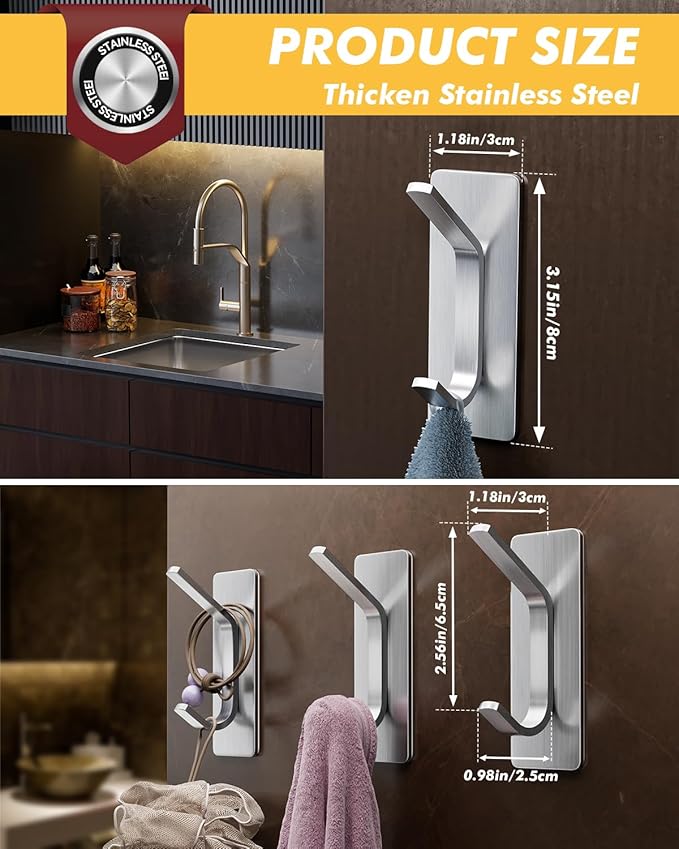Auxmir Self Adhesive Hooks for Hanging 15lb, Stainless Steel Wall Hooks for Coat and Towel, Waterproof Oilproof Rustproof Adehesive Door Hanger for Bathroom Shower Kitchen Office RV, Silver, 5 Pack