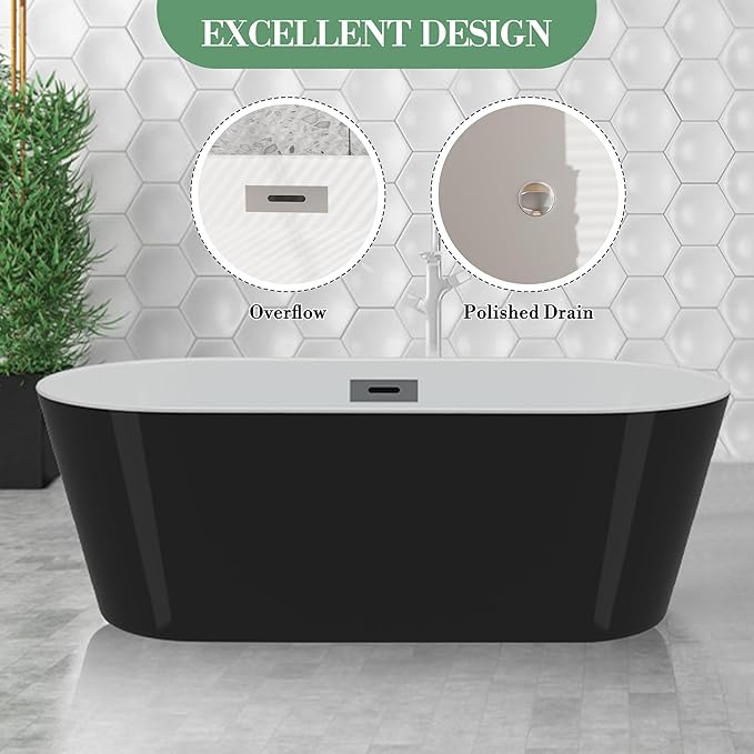 67" Deep Soaking Bathtub, Non-Slip Acrylic Tub with Chrome Drain, CUPC Certified, Ergonomic Modern Bath for Bathrooms, Easy-Install, Black Symmetrical