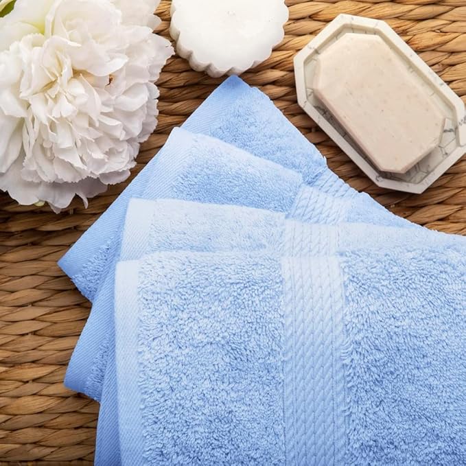 Superior Egyptian Cotton Pile Hand Towel Set of 4, Ultra Soft Luxury Towels, Thick Plush Essentials, Absorbent Heavyweight, Guest Bath, Hotel, Spa, Home Bathroom, Shower Basics, Light Blue