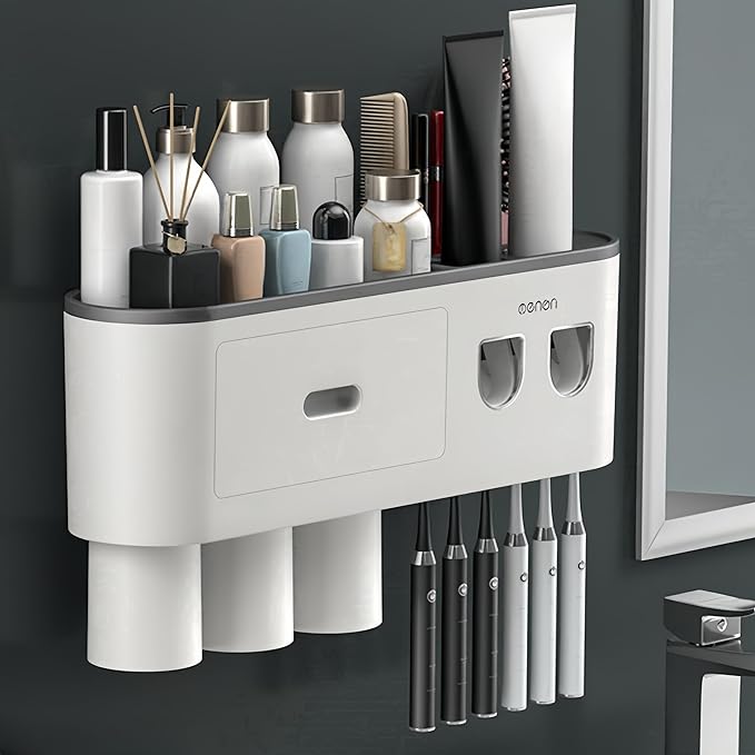 No-Drill Wall Mounted Toothbrush Holder, Bathroom Shelf, with Automatic Toothpaste Dispensers 6 Brush Hooks Magnetic Cups 1 Cosmetic Drawer Organizer and Large Storage (2 Dispensers 3 Cups)