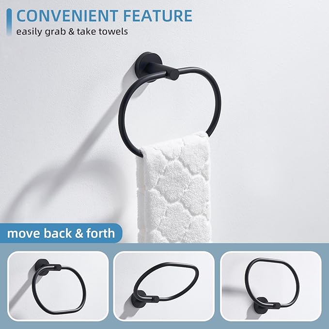 Angle Simple Bathroom Hand Towel Holder, SUS 304 Stainless Steel Swivel Hand Towel Ring Rack for Wall, Matte Black