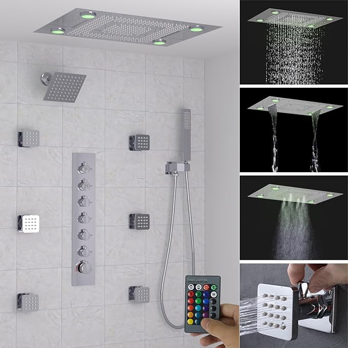 24x32 LED Dual Head Shower System 24"x32" Ceiling Mount Shower Head Thermostatic Shower System Rainfall Shower Set with 6 Inches Shower Head and 6 Body Jets High Pressure Shower Handheld