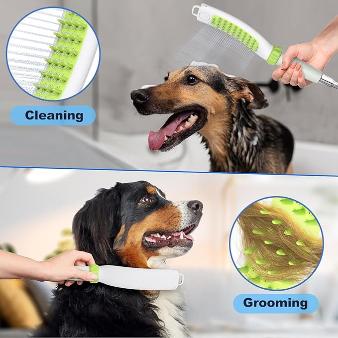 Dog Shower Attachment, Rubber Dog Grooming Bath Brush for Long & Short Haired Dogs and Cats, Pet Hair Scrubber For Washing, Deshedding, Massage, Stainless Steel Shower Hose