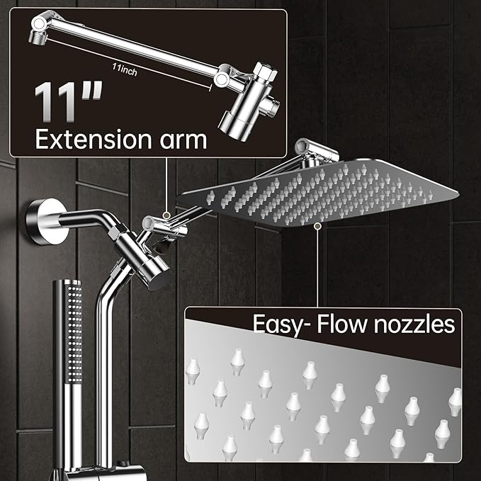 Veken 10'' All Metal Rain Shower Head with Handheld Spray Combo, Hand Held Bathroom Showerhead Combo with Extension Arm, Dual shower with Power Wash, Adjustable Rainfall Shower Head, Chrome