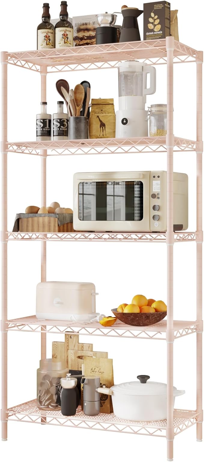 5 Tier Storage Racks Shelving, Heavy Steel Pantry Shelves, Adjustable Wire Shelving Rack, Suitable for Garage, Kitchen, Bathroom, Office, 29" W x 13.4" D x 59" H, Pink