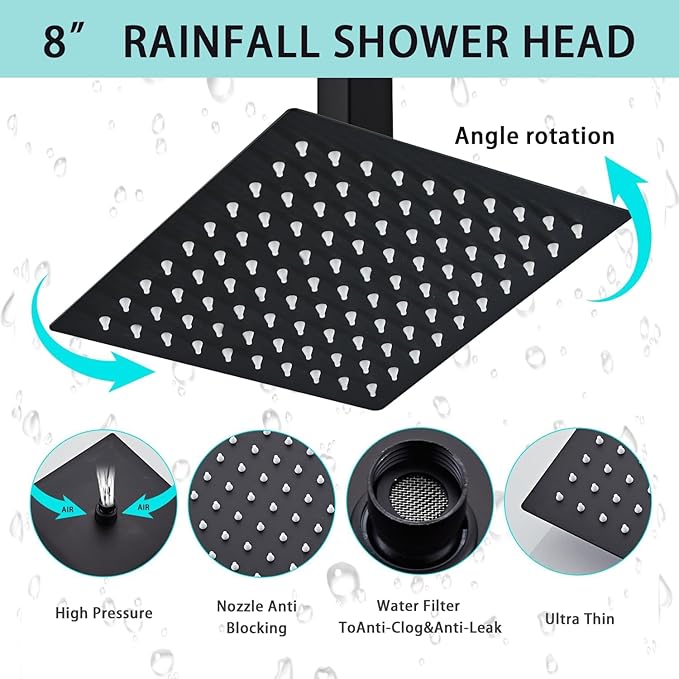 8 Inch Shower Faucet Set Ceiling Mount, High Pressure Rainfall Shower System, Square Rain Shower Head with Handheld Spray Combo, Ceiling Luxury Rainfall Shower Fixtures Matte Black (L-Style)