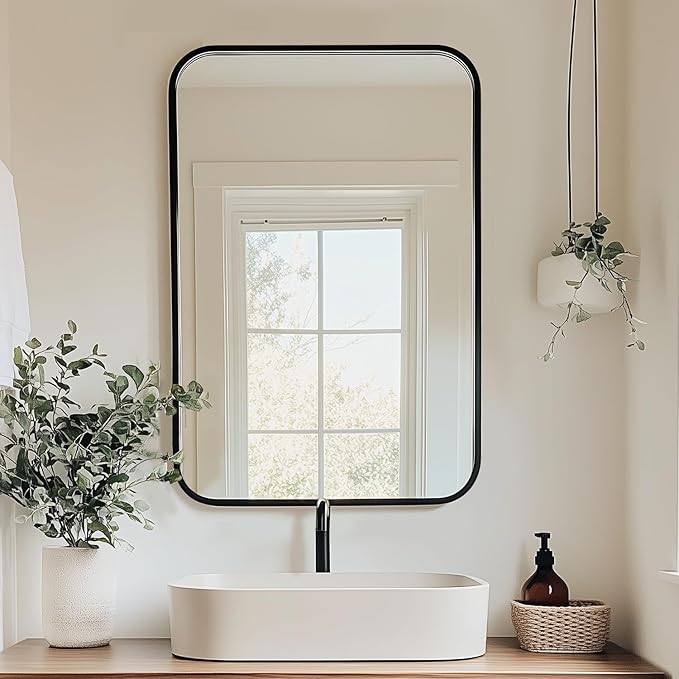 Antok Bathroom Mirror, 22"x30" Wall Mirror, Decorative Mirrors Vanity Mirror Aluminum Alloy Frame Contemporary Hanging Mirror for Living Room Bathroom Entryway, Black