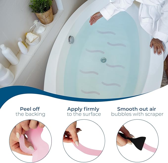 Anti-Slip Shower Stickers - Help Reduce Slipping in Bathtub & Shower, Pink Non-Slip Bath Strips, Strong Adhesive Bathtub Appliques Suitable for Homes with Kids, Adults & Seniors - 24 Pcs - Homergy