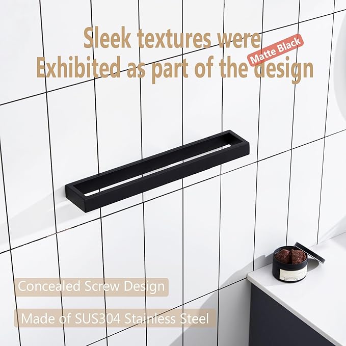 KOKOSIRI Towel Bar Matte Black Bath Towel Holder 16-Inch Kitchen Rack Stainless Steel for Bathroom Hardware Wall Mounted, 1 Pack B4008BK-L16