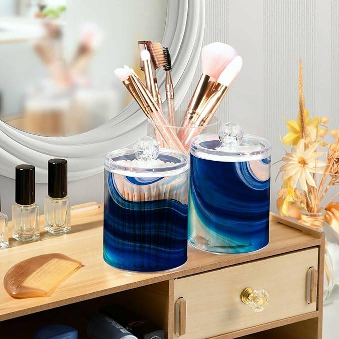 MNSRUU 2 Pack Qtip Holder Organizer Dispenser Marble Bathroom Storage Canister Cotton Ball Holder Bathroom Containers for Cotton Swabs/Pads/Floss