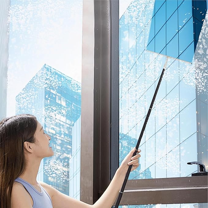 Window Squeegee with Extension Pole, 17.3″-60″ Telescopic Shower Squeegee for Glass Doors, Outdoor Window Cleaner Tool for Car Windshield Floor Tile Wall