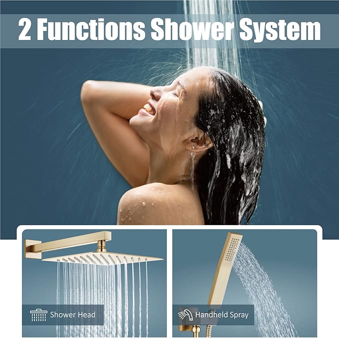 Aolemi Shower Faucet Set Rain Shower System with Handheld Spray Bathroom Shower Combo Rough-in Valve and Shower Trim Kit Included Brushed Gold 12 Inch Wall Mount Shower Head