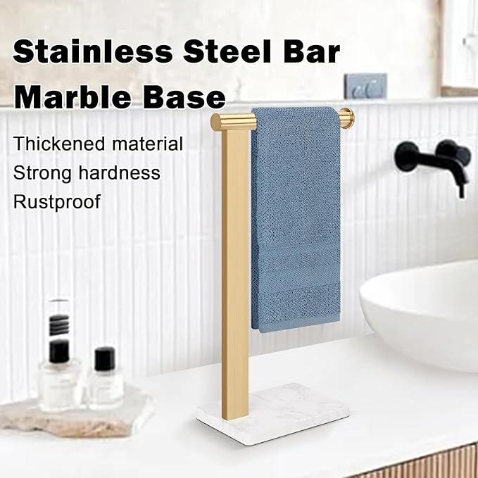 Stainless Steel L-Shaped Hand Towel Holder, SUS304 Bathroom Towel Rack with Thickened Base for Countertop Vanity (Gold, Square Base)