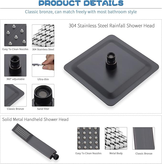 All Metal Shower Faucet Set, Dual Square Shower Head System with Handheld Wand, Diverter, Hose Complete Combo, Pressure Balance Rough-in Valve Included (Oil Rubbed Bronze）