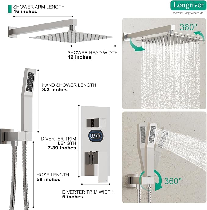 Shower Faucet Set with Hydro Power Temperature Display, Shower System Bathroom 12 Inches Shower Head with Handheld Spray, Wall Mounted Shower Fixtures with Shower Valve and Trim Kit, Brushed Nickel