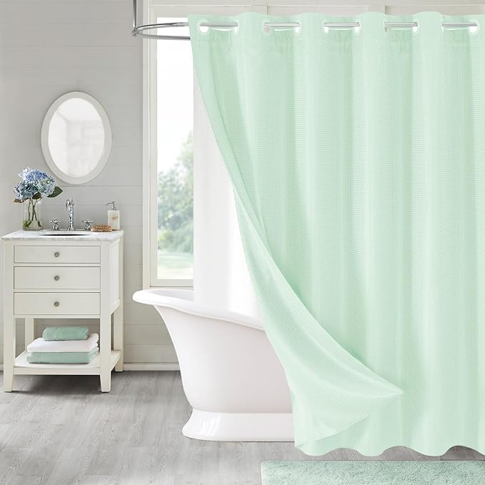 MitoVilla No Hooks Needed Green Waffle Shower Curtain Liner Set, Modern Waffle Weave Heavy Duty Fabric Cloth Shower Curtain with Snap-in Liner for Luxury Neutral Hotel Spa Bathroom Decor