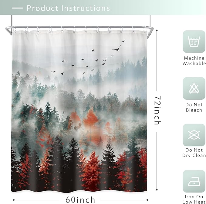 Riyidecor Red Green Mountain Shower Curtain 60Wx72H Inch Black Nature Woodland Scenery Foggy Misty Scenic Landscape Woods Rustic Dark Natural Bathroom Decor Fabric Polyester Waterproof 12 Pack Hooks