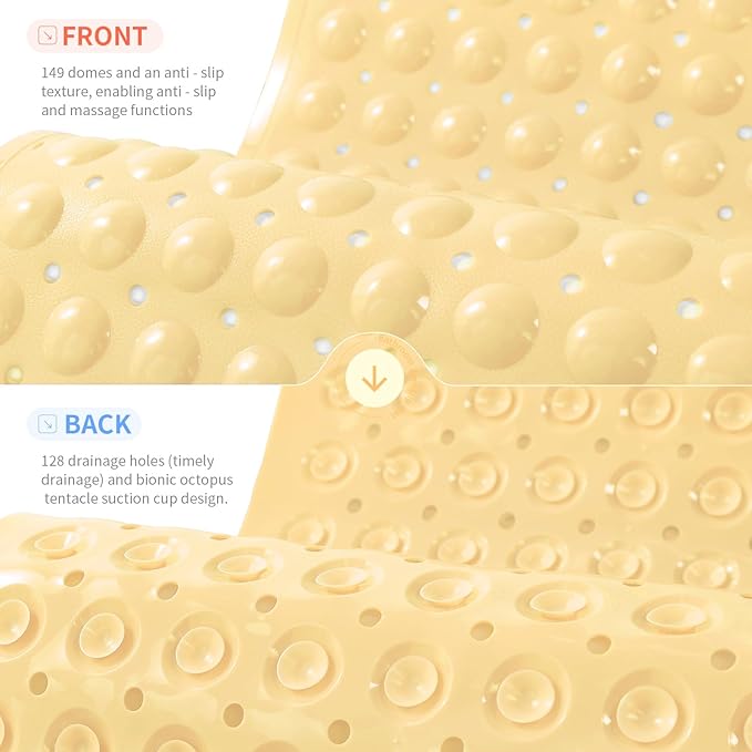 Anti-Slip Bathtub Shower mat, 27.5×14.5（Approximately 70×37cm） inch Soft Oversized Machine Washable Non-Slip Bathtub mat with Drainage Holes, Bathroom Floor Suction Cup.（1-Opaque Light Yellow）