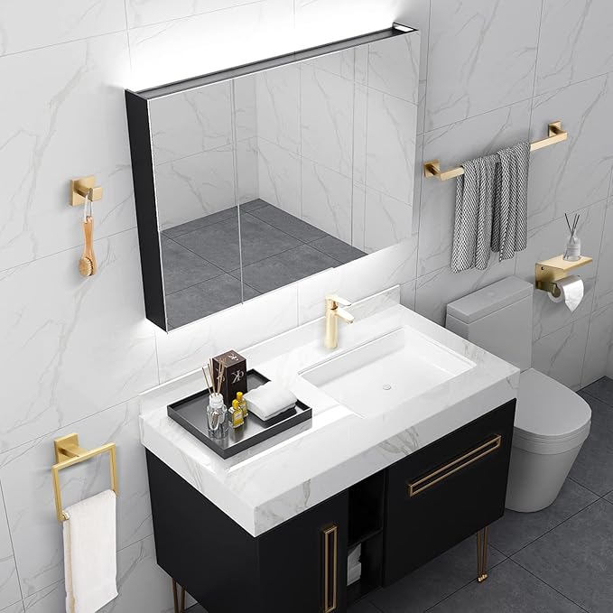 Brushed Gold Bathroom Towel Bar Holder Sets Premium Stainless Steel 4-Piece Bathroom Hardware Set Wall Mounted Bathroom Toilet Paper Holder with Shelf Set.