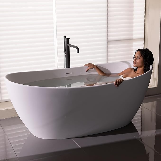 73'' High-back Freestanding Solid Surface Resin Stone Bathtub, Freestanding Tub, Contemporary Design Stand Alone Tub with Pop-up Drain and Overflow, Matte White (Oval)