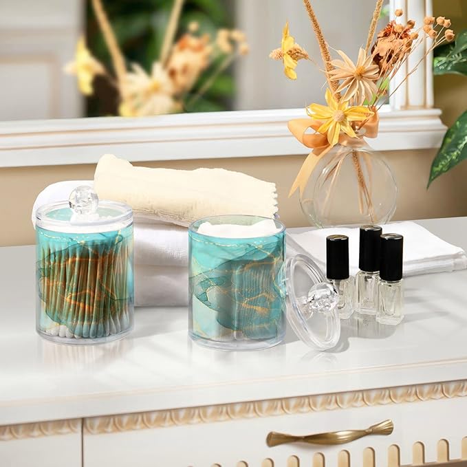 MNSRUU 4 Pack Qtip Holder Organizer Dispenser Modern Art Marble Teal Bathroom Containers Bathroom Vanity Storage Canister Apothecary Jars for Cotton Swabs/Pads/Floss