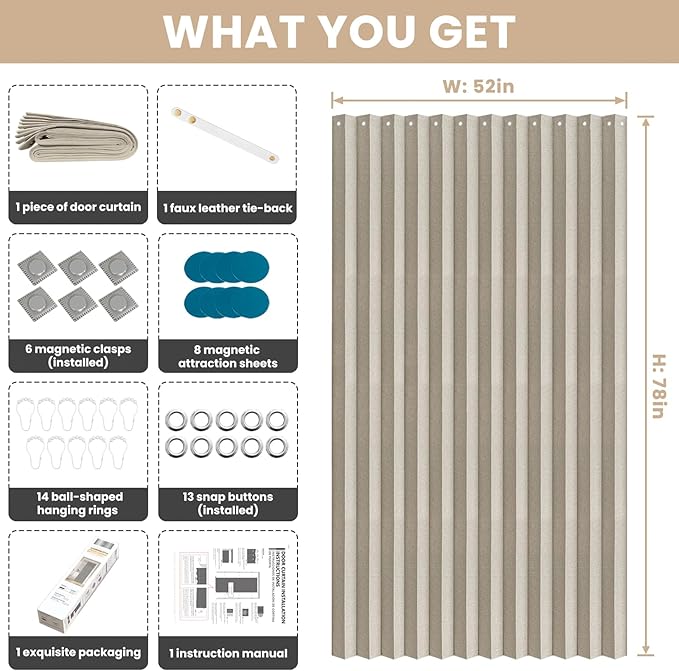 Accordian Door Curtain, 100% Blackout Folding Magnetic Doorway Curtains,Linen Style Closet Doors,for Room Divider,Privacy Protection（W52 x L78,Off White,1 Panel）