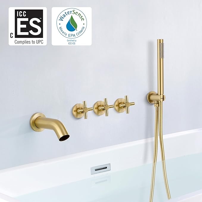 SUMERAIN Waterfall Wall Mount Tub Faucet with Hand Shower Sprayer, 3 Handle Tub Shower Faucet with Rough in Valve Brushed Gold Finish
