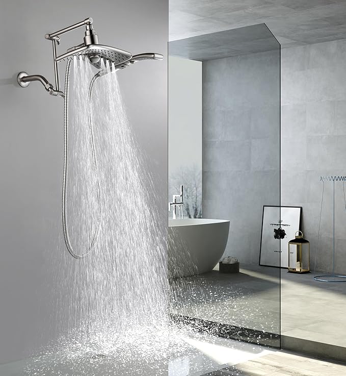 BRIGHT SHOWERS Brass Shower Arm Extender for Rain and Handheld Shower Head, 14 Inch Universal Shower Head Extension Arm, Adjustable Height & Angle, Brushed Nickel