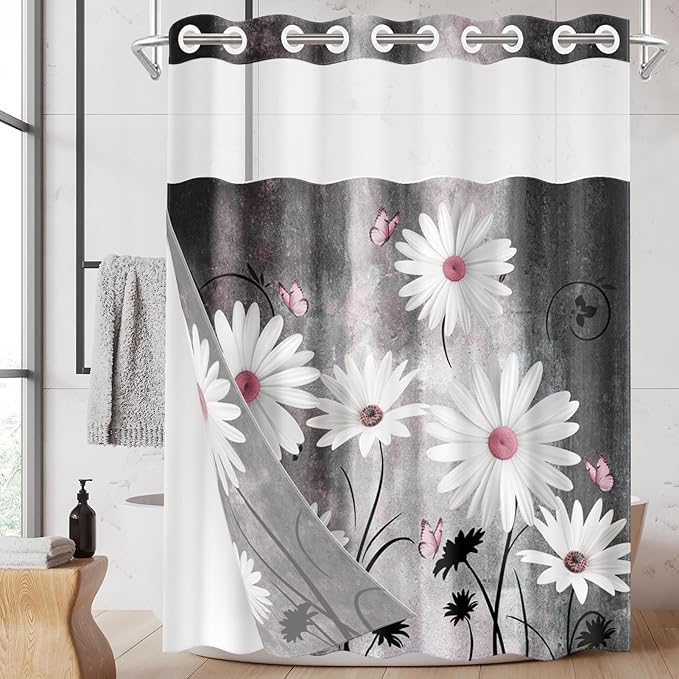 No Hook Pink White Daisy Butterfly Shower Curtain with Snap in Fabric Liner Set, Grey Farmhouse Double Layers Waterproof Fabric with See Through Top Window Open Grommet Bath Curtain 71x86 Inch