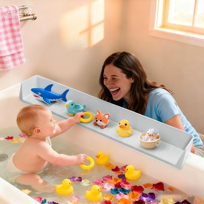 Splash Guard for Bathtub Kids, Longer Silicone Bathtub Splash Guard with 11 Suction Cups, Bath Tub Play Shelf for Kids & Toy Holder, Prevent Water Spill in Bathroom, Grey