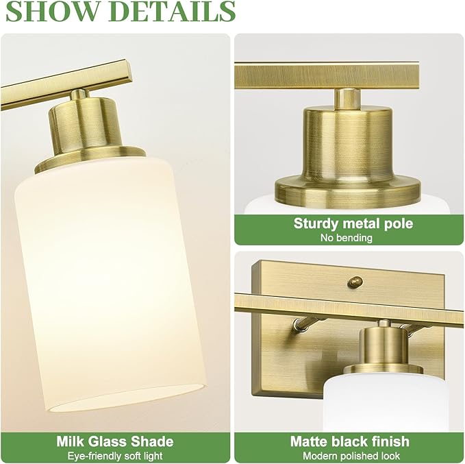 3-Light Bathroom Light Fixtures, Aged Brass Vanity Light with Milky White Shades, Bathroom Lighting Fixtures Over Mirror, Modern Bathroom Wall Lamp for Mirror Living Room Cabinet Bedroom