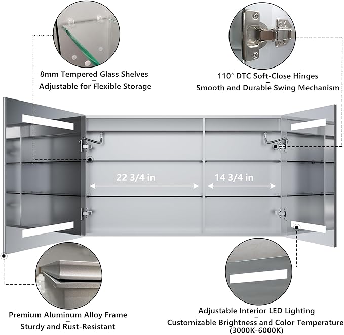 GroGro LED Lighted Bathroom Medicine Cabinet with Mirror, 40" W x 24" H Beveled Edge Medicine Cabinet with Lights,Surface or Recessed Mounting,Defog,Dimming,3-Color Temperature Adjustment