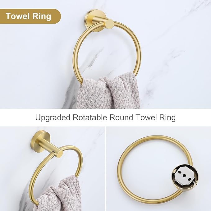 Lairuier 5 Pieces Brushed Gold Bathroom Accessories Set, 23.6 Inch Bath Towel Bar Set, SUS304 Stainless Steel Bathroom Hardware Set Round Toilet Paper Holder Set Wall Mounted
