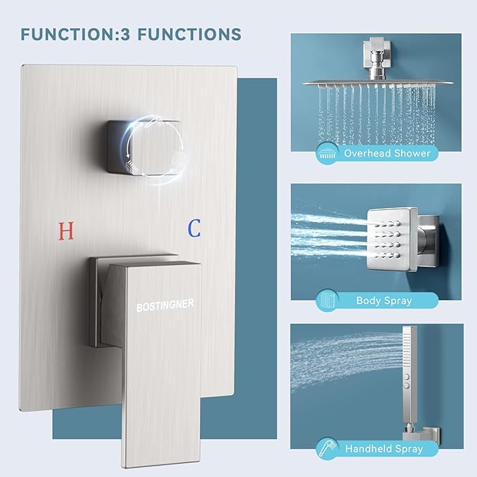 Shower Faucets Sets Shower System with Body Jets, Bostingner 10" Rain Shower Head with 2 In 1 Handheld Spray and 4 Jets, Wall Mounted All Metal 3 Way Shower Set with Valve and Trim Kit,Brushed Nickel