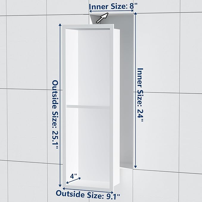 Stainless Steel Shower Niche 24" X 8", No Tile Needed Wall Niche Double Shelves, Recessed Shower Shelf for Bathroom Storage, Matte White