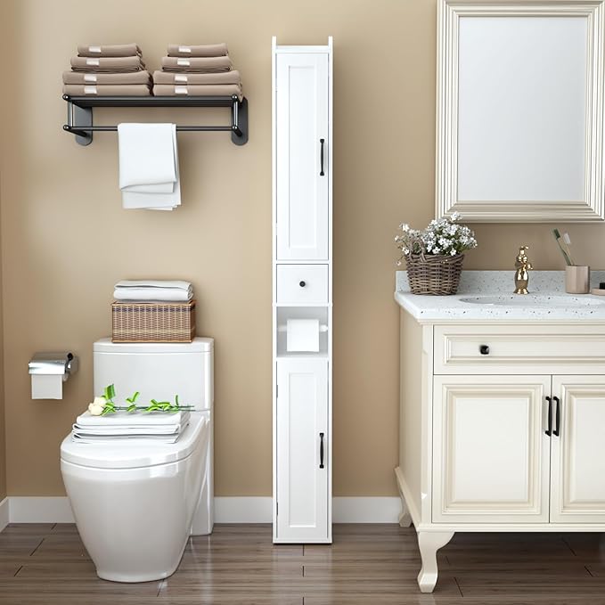 Tall Bathroom Storage Cabinet with Adjustable Shelves,66.92" H Slim 1-Door Freestanding Cabinet for Small Spaces, Bathroom,Kitchen, Living Room,White (Narrow)