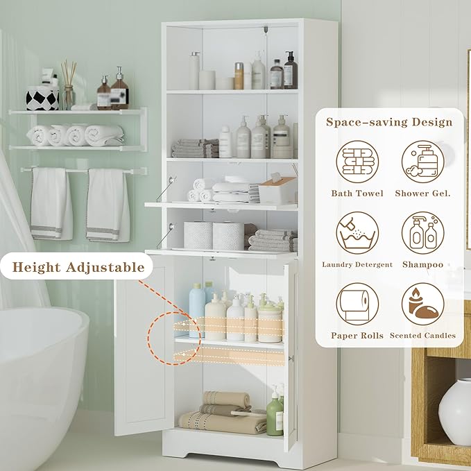 MU 67" Tall Bathroom Storage Cabinets, Modern Linen Cabinet with Doors & Shelves & Drawer, Tall Freestanding Storage Cabinet for Bathroom, Living Room, Kitchen, Pantry, White