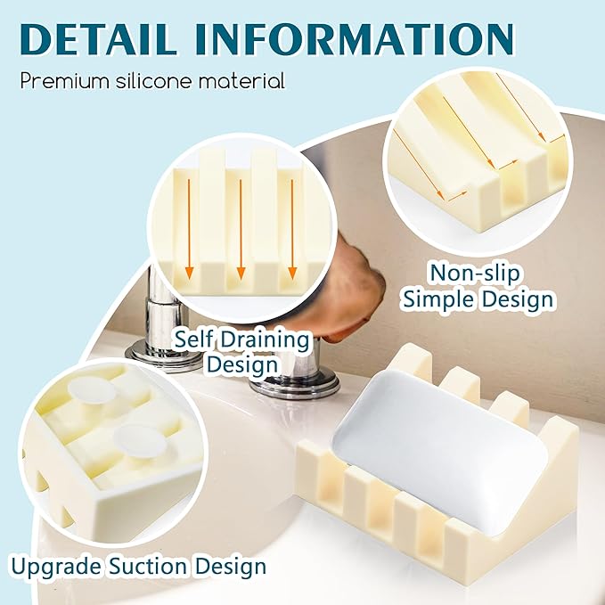 Silicone Soap Dish with Drain, Upgrade Double Suction Cups at The Bottom for Anti-Slip and Stability, Soap Dish Shower Waterfall Bar Soap Holder Tray with Drain Soap Holder (2, CreamWhite)