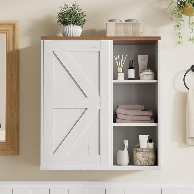 Bathroom Wall Cabinet, Farmhouse Medicine Cabinet with Barn Doors and Adjustable Shelves, 24'' Kitchen Wall Mounted Cabinet, Floating Over Toilet for Kitchen, Living Room