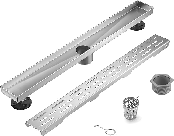 HEATGENE 24-Inch Linear Shower Drain in Brushed - Stainless Steel Rectangular Shower Floor Drain - Removable Decorative Cover - Adjustable Leveling Feet - CUPC Certified