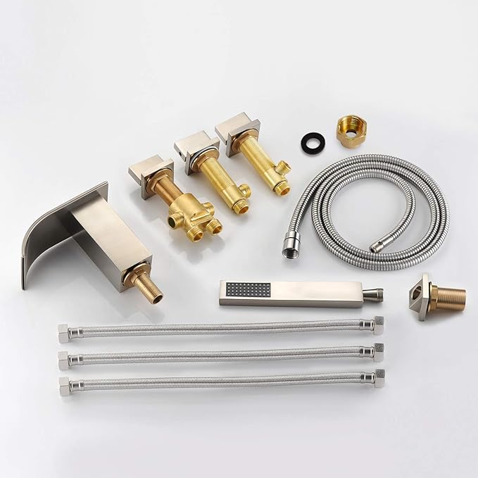 Roman Tub Faucet with Hand Shower, Waterfall Tub Filler Deck Mount Brushed Nickel, SUMERAIN