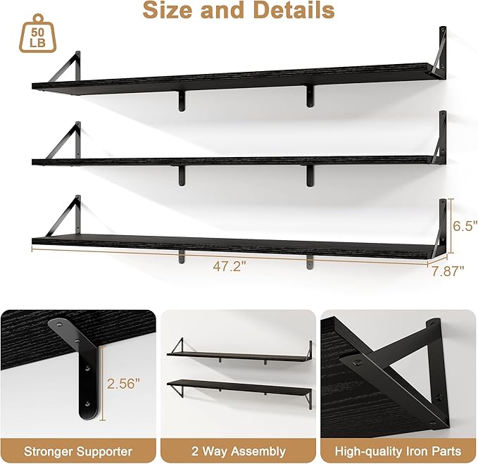 Fun Memories Extra Long Floating Wall Shelves, 48 x 8 Inches, Set of 3 Large Wood Floating Bookshelves with Metal Brackets for Storage & Display (Black)
