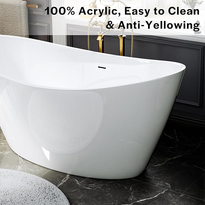 Empava Bathtub, 67" Soaking Tub, Acrylic Free Standing Tub with Center Drain and Overflow, Contemporary Design Bathtub for Bathroom, cUPC Certified, Glossy White