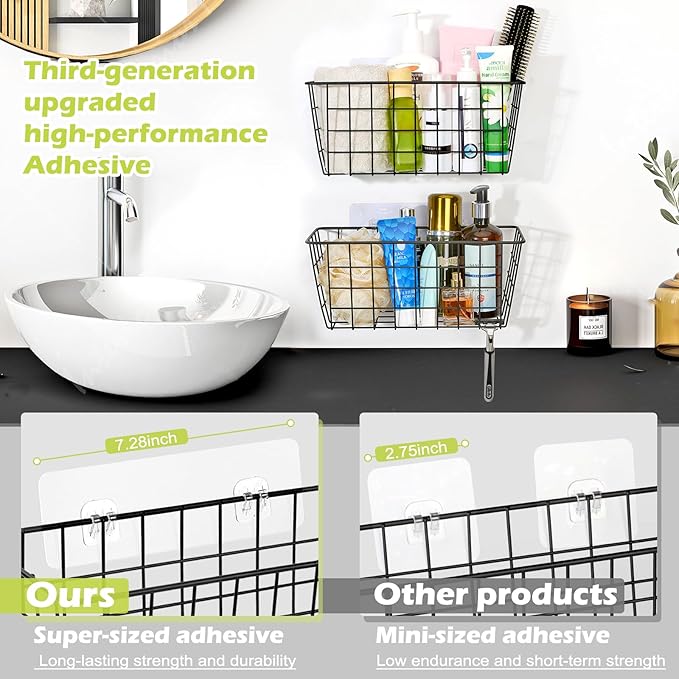 2 Pack Hanging Kitchen Baskets, Adhesive Wire Wall Storage Basket, No Drilling Hanging Fruit Baskets, Cabinet Door Organizer for Kitchen Bathroom Pantry, Upgrade Super-sized Adhesive