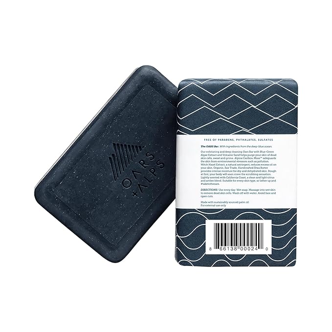 Oars + Alps Blue Charcoal Exfoliating Men's Bar Soap, Made with Clean Ingredients, Travel Size, 3 Pack, 6 Oz Each