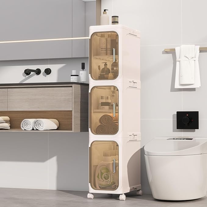 KHNR 3-Tiers Slim Bathroom Storage Cabinet, Foldable Storage Cabinets,Narrow Bathroom Storage,Movable Bathroom Storage Organizer for Small Spaces,Bathroom,Kitchen,Laundry,Cream White