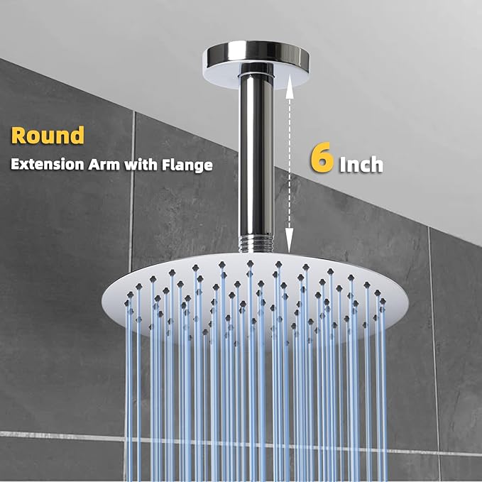 6 Inch Shower Arm with Flange, Ceiling Mounted Shower Head Extension Arm, 1/2 NPT Straight Arm for Rain Shower Head, Stainless Steel Shower Head Extension Replacement Pipe Arm,Chrome
