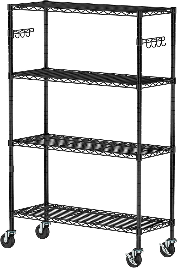 Storage Wire Shelving with Wheels 4-Tier Heavy Duty Garage Shelves Unit Metal Rolling Adjustable Organizer Rack Steel Wire Industrial Shelving for Kitchen Garage Pantry Office Bathroom