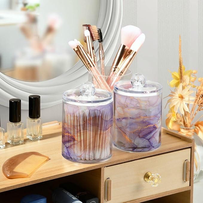 4 Pack Qtip Holder Organizer Dispenser Purple Transparent Waves Marble Bathroom Containers Bathroom Vanity Storage Canister Apothecary Jars for Cotton Swabs/Pads/Floss
